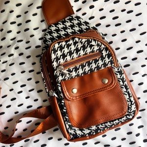 Houndstooth and Brown Faux Leather Shoulder Crossbody Bag